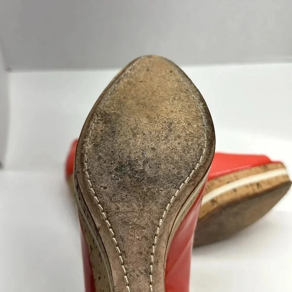 Prada Heels Peep Toe Wedges Espadrilles Cork Pump Shoes Coral Pink Size 38 US 8 - Picture 9 of 11